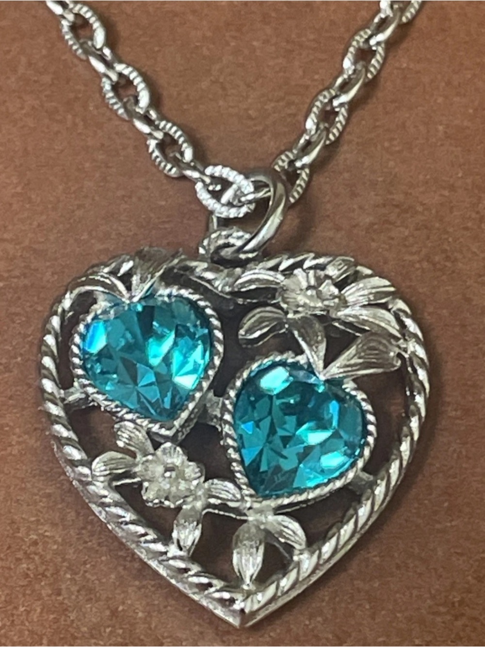 Sarah Coventry Love Story Heart Necklace Blue Rhinestone Vintage Jewelry